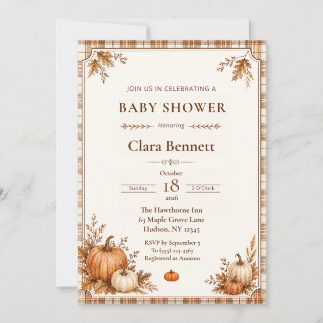 Invitation Fête de bébé Plaid Citrouille d'Automne (Devant)