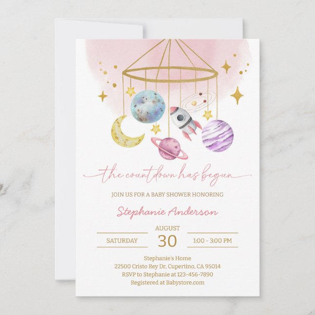 Invitation Fête de Bébé Planètes Espace Rose (Devant)
