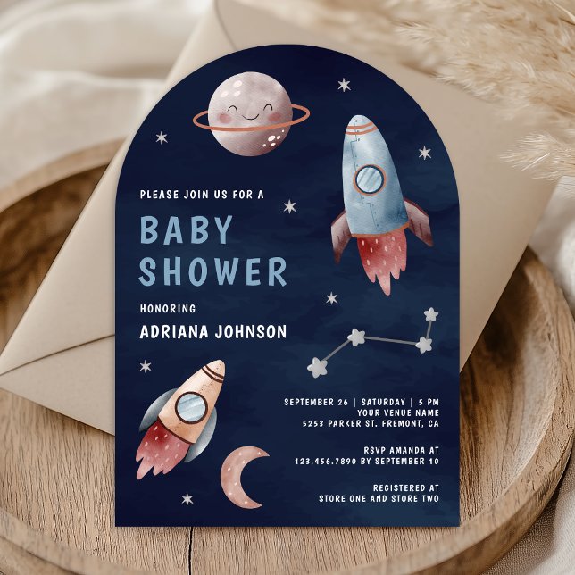 Invitation Fête de Bébé Planètes Fusée Marine Extérieur (Créateur téléchargé)