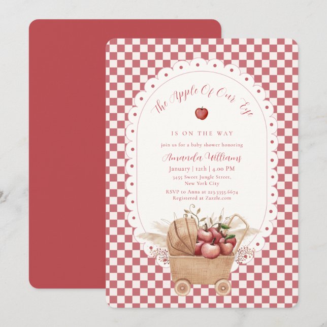 Invitation Fête de bébé "Pomme chérie" à carreaux rouges Boho (Devant / Derrière)