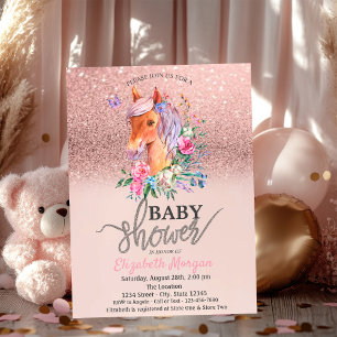 Invitation Fête de bébé Poney Floral Bokeh Rose Gold Pailleté