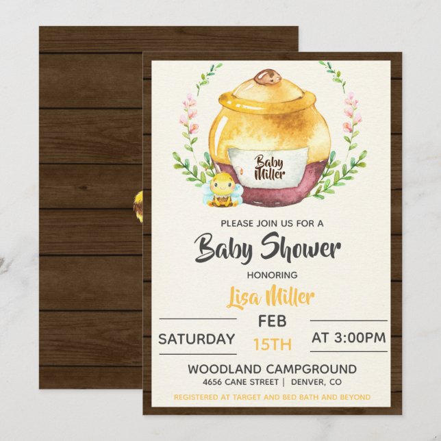 Invitation Fête de Bébé Pot de Miel Rustique & Abeille (Devant / Derrière)