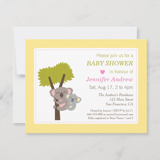 Invitation Fête de bébé pour un adorable bébé koala et maman (Devant)
