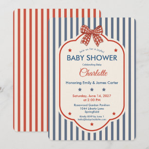 Invitation Fête de bébé Preppy Americana Gingham rayé bleu