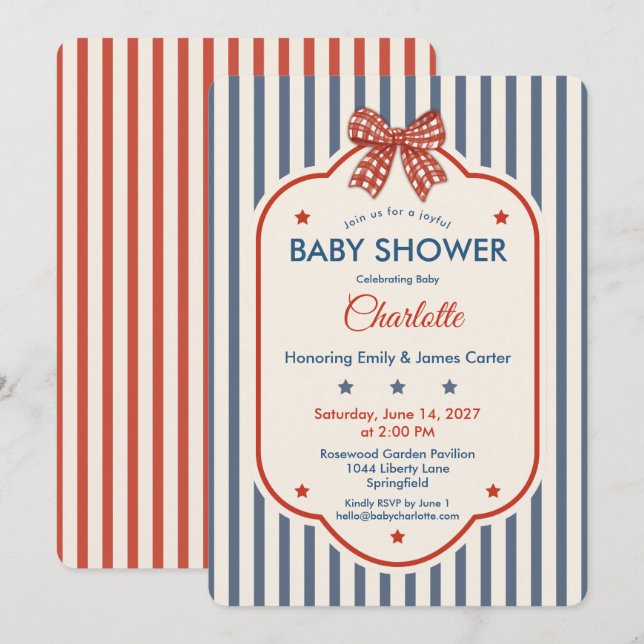 Invitation Fête de bébé Preppy Americana | Gingham rayé bleu (Devant / Derrière)