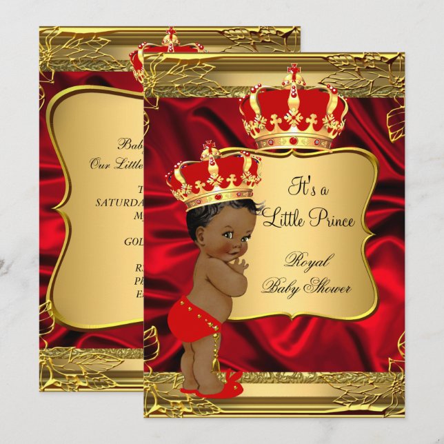 Invitation Fête de bébé Prince Afro-Américain Or Rouge (Devant / Derrière)