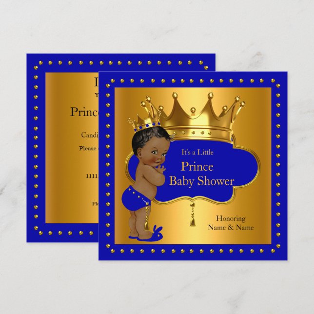Invitation Fête de bébé Prince Bébé Couronne Royale Bleu Garç (Devant / Derrière)
