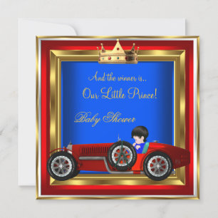Invitation Fête de bébé prince bleu or garçon rouge voiture d