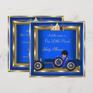 Invitation Fête de bébé Prince Bleu Or Garçon Voiture de cour