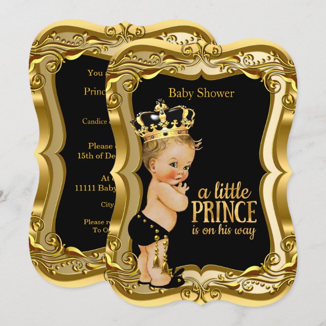 Invitation Fête de bébé prince blond Garçon Fête de bébé Noir (Devant / Derrière)