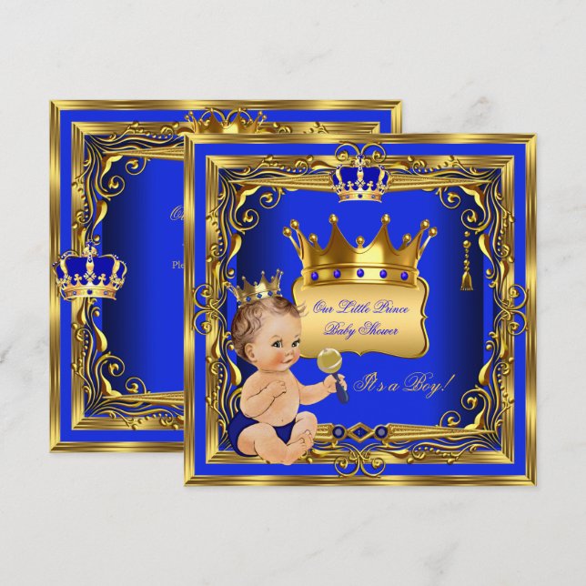 Invitation Fête de bébé Prince Brunette Clair Garçon Bleu Or (Devant / Derrière)