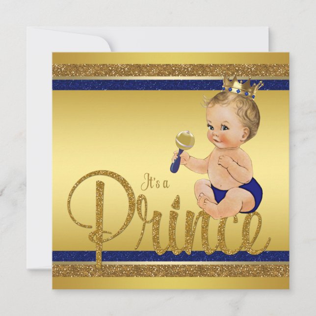 Invitation Fête de Bébé Prince Pailleté Bleu Royal et Or (Devant)