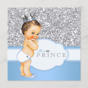 Invitation Fête de bébé Prince Vintage Bleu et Argent