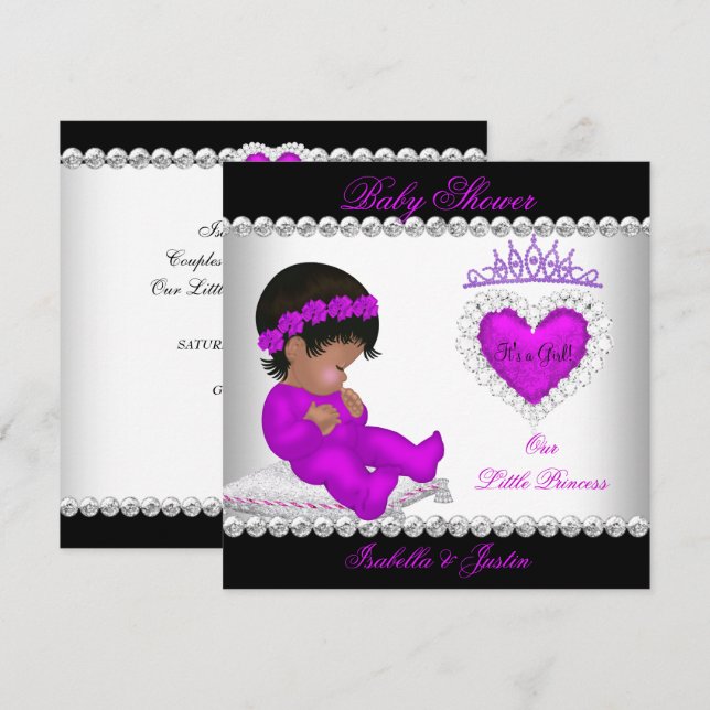 Invitation Fête de bébé princesse afro-américaine Fille Viole (Devant / Derrière)