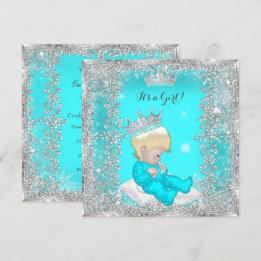 Invitation Fête de bébé princesse bleu sarcelle argent blonde