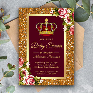 Invitation Fête de Bébé Princesse Burgundy Pailleté Or Floral
