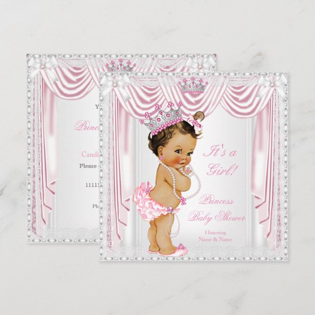 Invitation Fête de bébé princesse en satin rose et dentelle,  (Devant / Derrière)