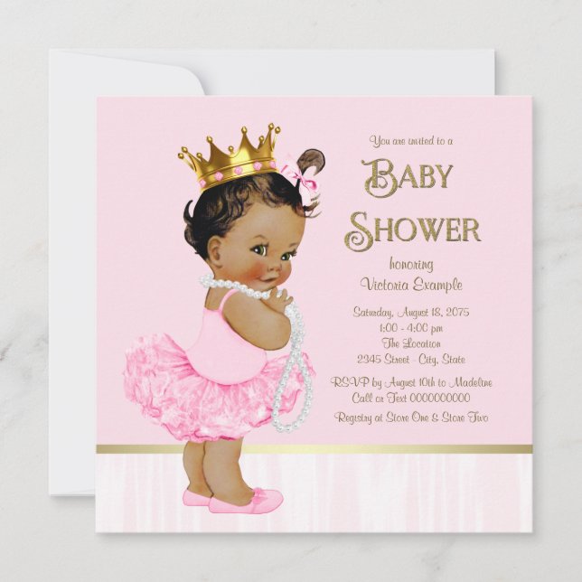 Invitation Fête de Bébé Princesse Ethnique Ballerine Rose Or (Devant)