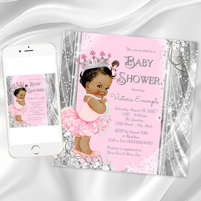 Invitation Fête de bébé Princesse Ethnique Tutu Rose Argent (Pink silver princess baby shower invitation. Instant download and printed invitations available.)