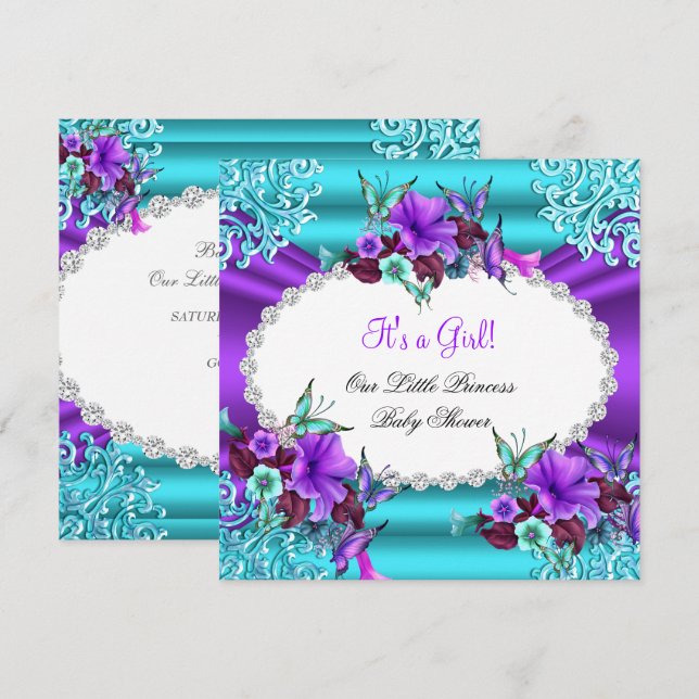Invitation Fête de bébé Princesse Fille Bleu Canard Violet Fl (Devant / Derrière)