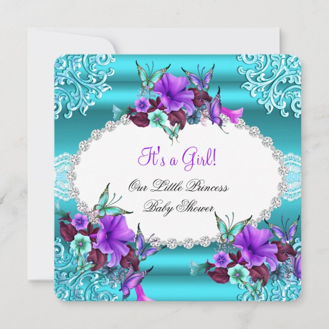Invitation Fête de bébé princesse fille bleu sarcelle violet  (Devant)