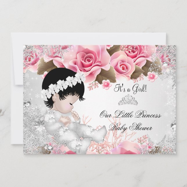 Invitation Fête de bébé princesse fille flocons de neige rose (Devant)