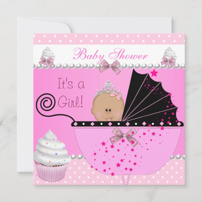 Invitation Fête de bébé princesse fille gâteau rose saupoudre (Devant)