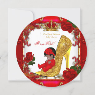 Invitation Fête de bébé princesse fille or rose rouge talon h