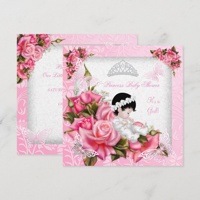 Invitation Fête de bébé princesse fille Papillon Rose rose (Devant / Derrière)