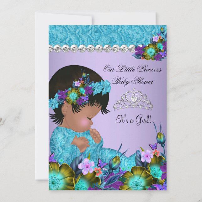 Invitation Fête de bébé princesse fille sarcelle bleu violet  (Devant)