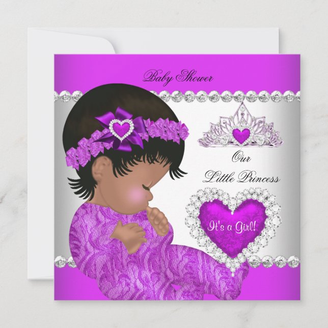 Invitation Fête de bébé princesse fille violet rose cœur (Devant)