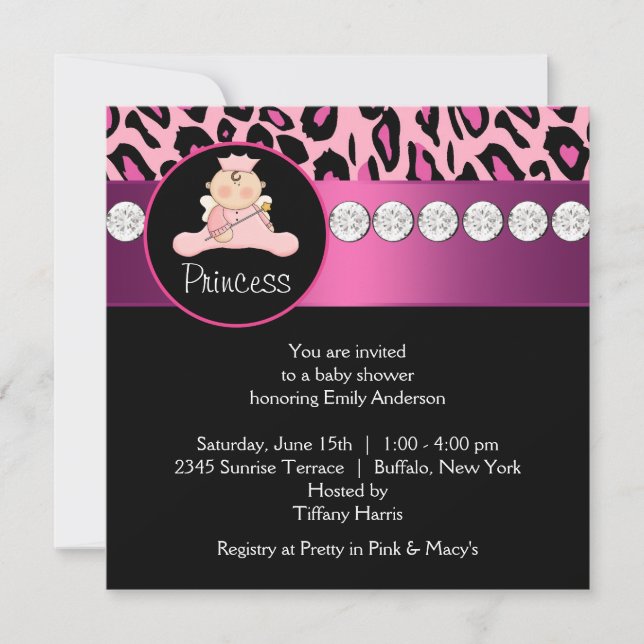 Invitation Fête de Bébé Princesse Léopard Rose Chaud Fille (Devant)