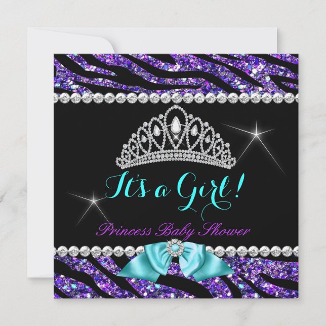 Invitation Fête de bébé princesse Paillettes Violet Turquoise (Devant)
