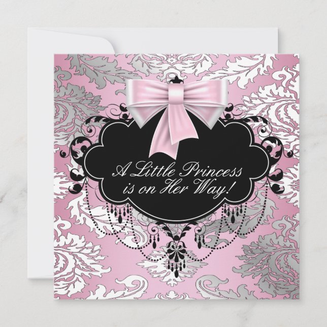 Invitation Fête de bébé princesse rose argenté et noir (Devant)
