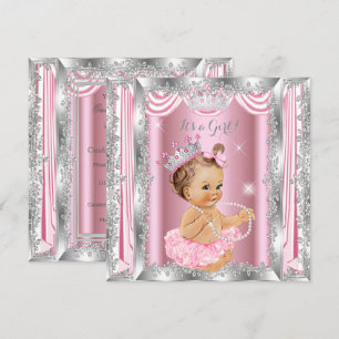 Invitation Fête de bébé princesse rose ballerine argentée lum