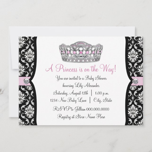 Invitation Fête de bébé Princesse Rose Damassé Noir et Rose (Devant)
