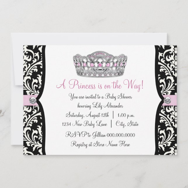 Invitation Fête de bébé Princesse Rose Damassé Noir et Rose (Devant)