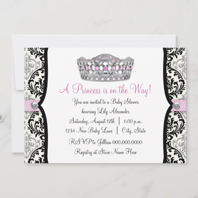 Invitation Fête de bébé Princesse Rose Damassé Noir et Rose (Devant)