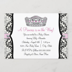 Invitation Fête de bébé Princesse Rose Damassé Noir et Rose