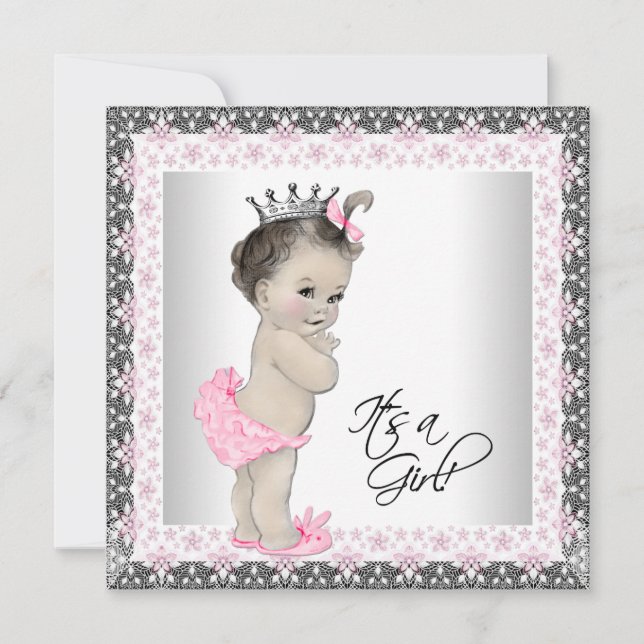 Invitation Fête de bébé princesse rose et argentée (Devant)