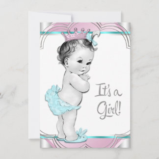 Invitation Fête de bébé princesse rose et bleu sarcelle
