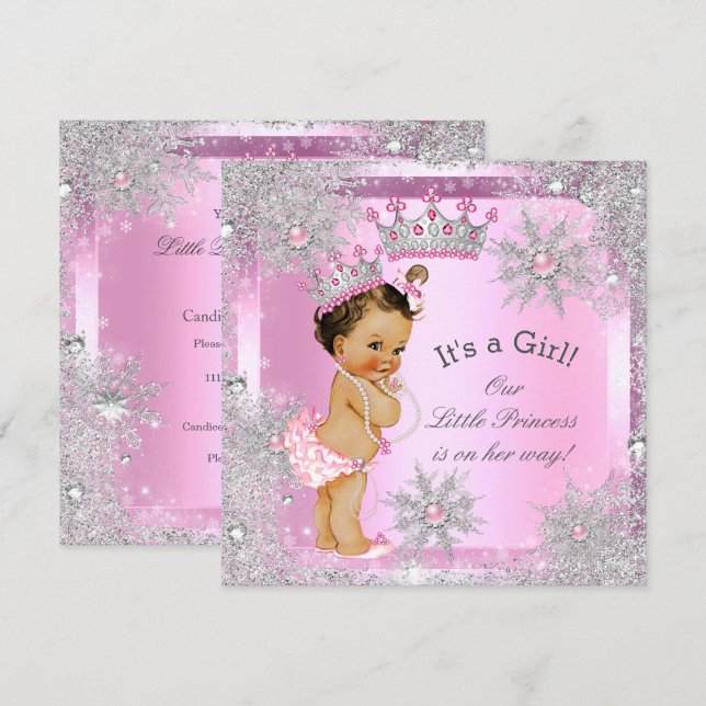 Invitation Fête de bébé princesse Rose Hiver Merveilleux (Devant / Derrière)