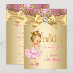 Invitation Fête de bébé Princesse Rose Or Ballerine Blonde