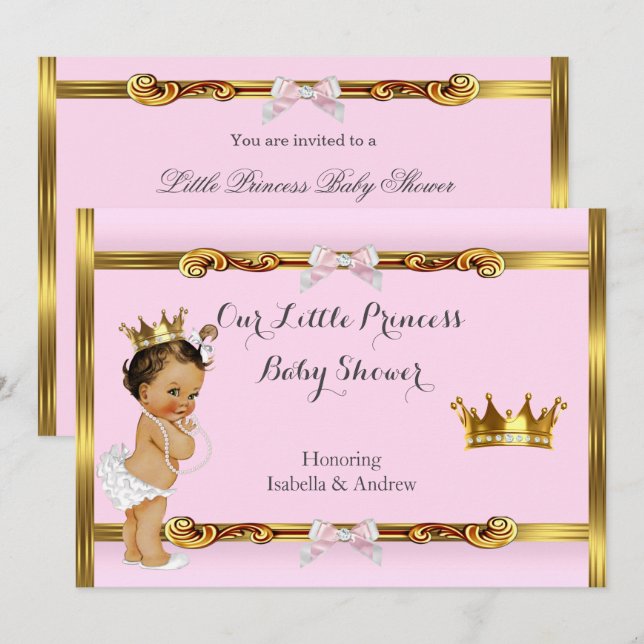 Invitation Fête de bébé princesse rose or fille brune (Devant / Derrière)