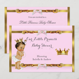Invitation Fête de bébé princesse rose or fille brune