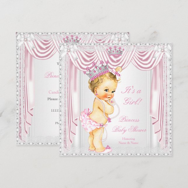Invitation Fête de bébé princesse Satin rose dentelle peau cl (Devant / Derrière)
