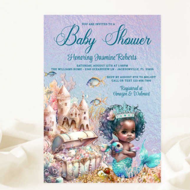 Invitation Fête de bébé Princesse Sirène à peau noire (Créateur téléchargé)
