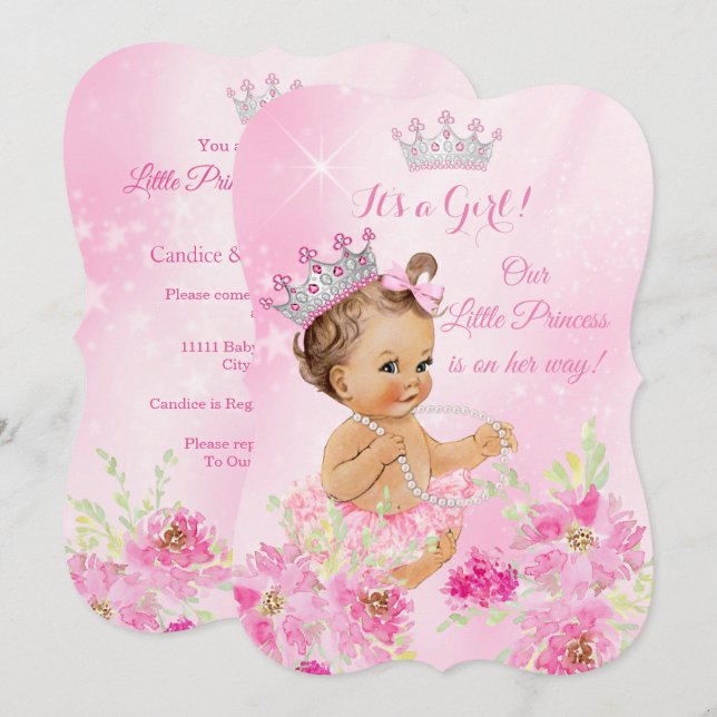 Invitation Fête de bébé Princesse Tutu floral rose Brunette (Devant / Derrière)