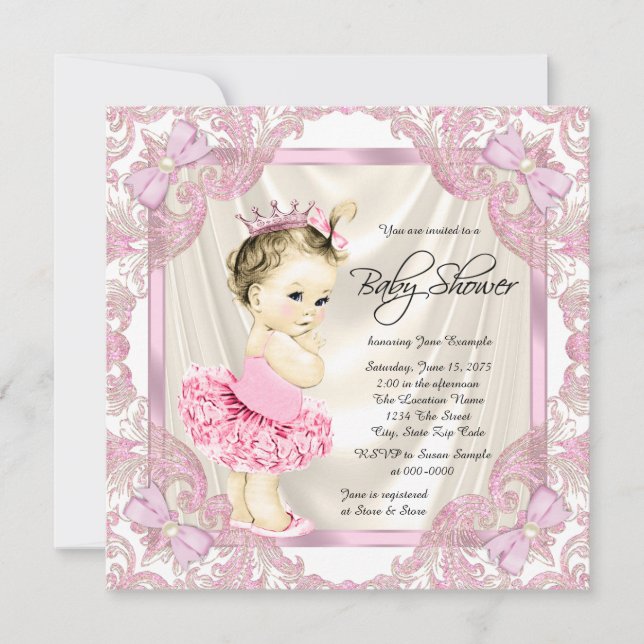 Invitation Fête de bébé Princesse Tutu Perles Ballerine (Devant)