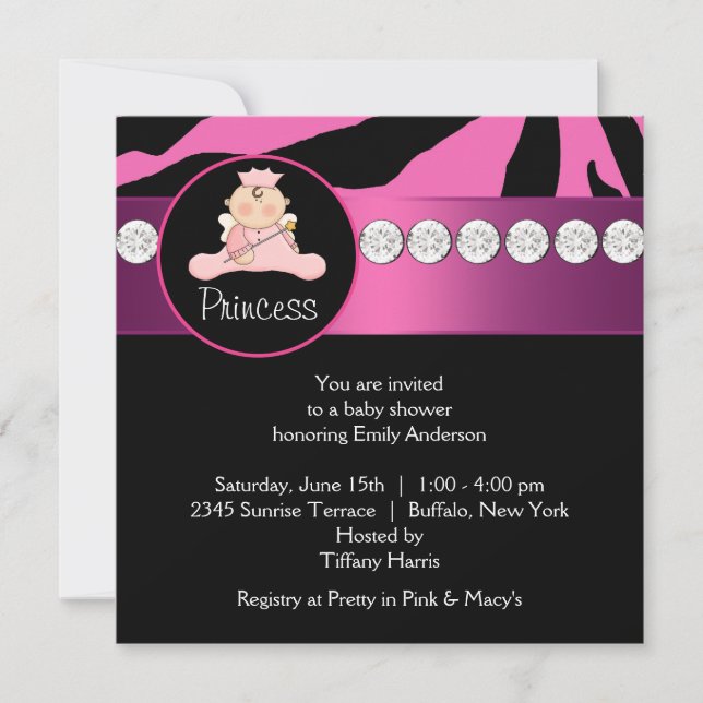 Invitation Fête de bébé princesse zèbre rose chaud (Devant)